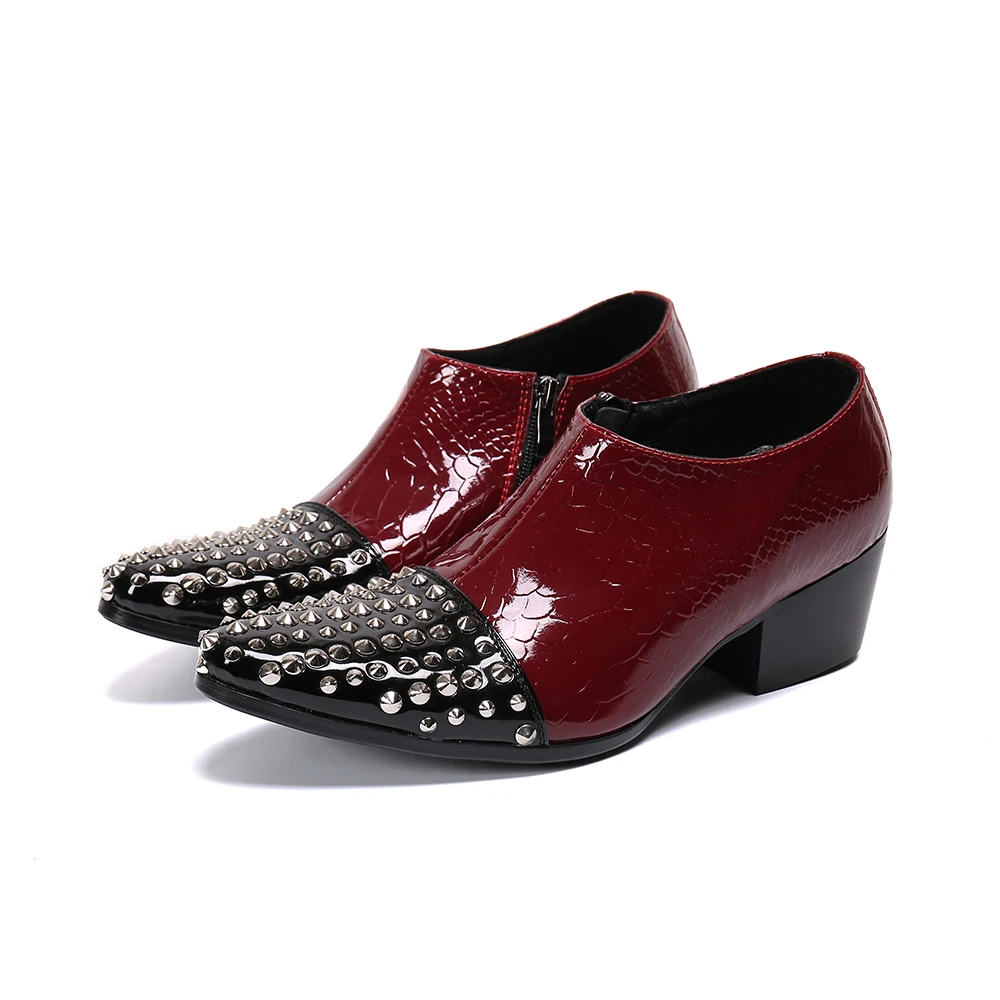 Mens shoes genuine leather luxury brand high heels rivets red prom loafers italy metallic studded spike mens dress wedding shoes