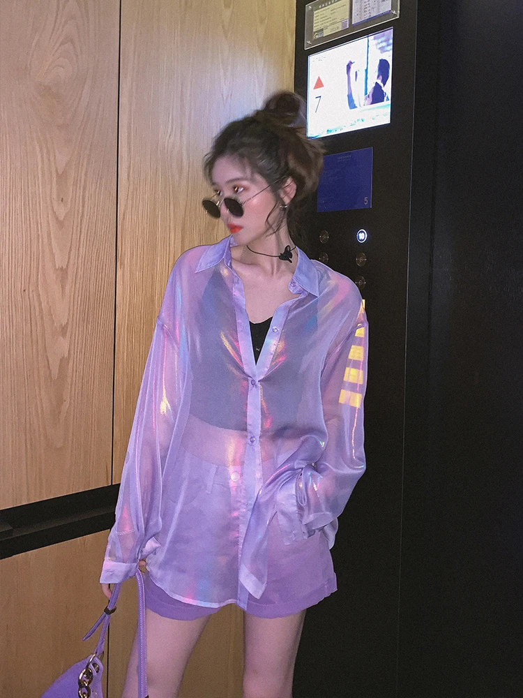 New come !Chiffon Laser Symphony Sunscreen Lantern Sleeve Jersey Jacket Iridescent Rainbow Hologram Shirt Transparent Loosen