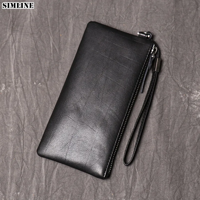 

SIMLINE Genuine Leather Wallet For Men Male Real Cowhide Men's Long Zipper Slim Clutch Wallets Purse With Card Holder Phone Bag