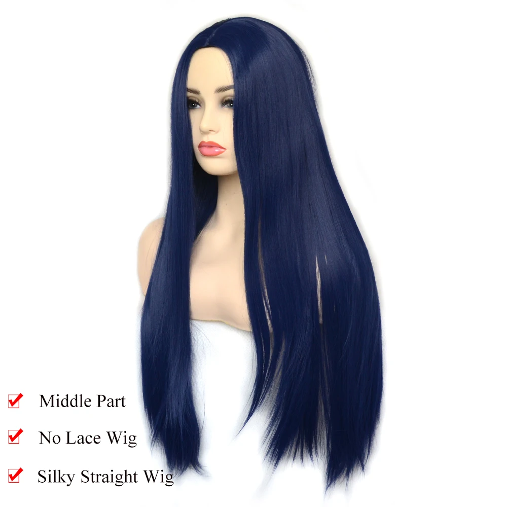 Voguequeen Dark Blue Straight Synthetic Wigs Full Machine Made Wigs Heat Resistant Fiber Cosplay For Women