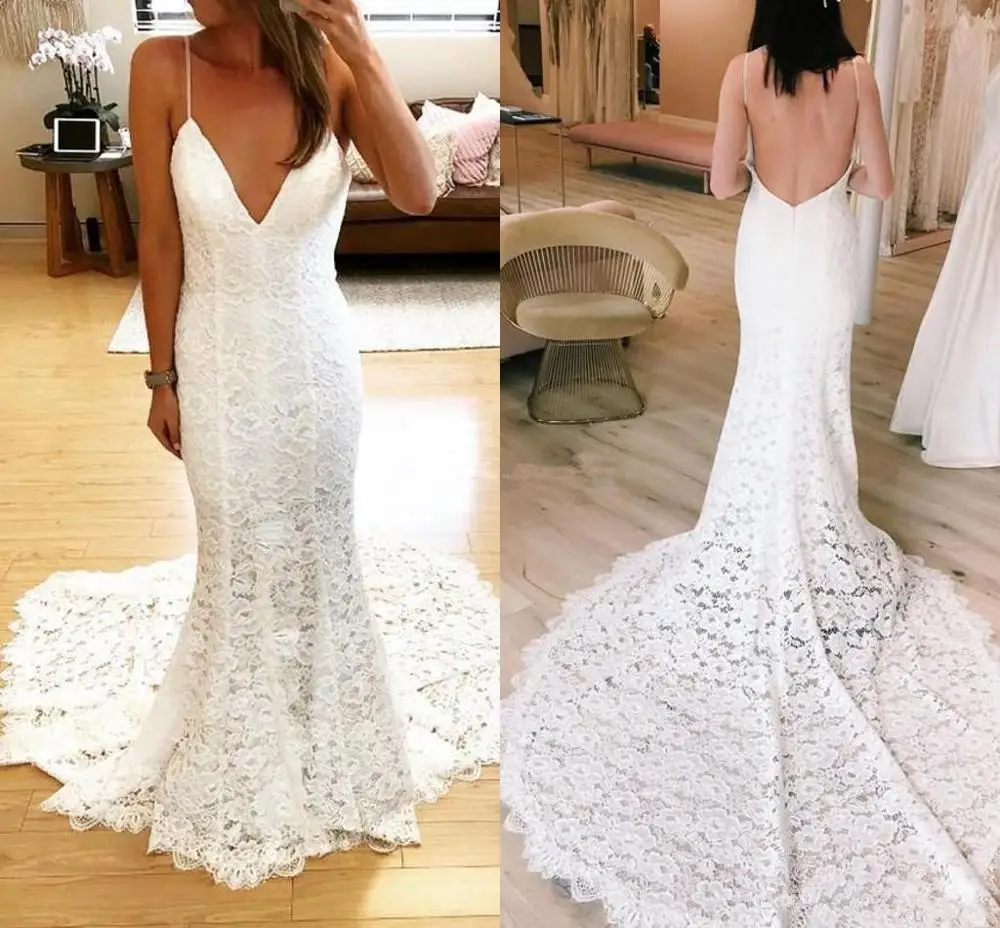 

Charming Mermaid Lace Wedding Dresses 2021 Deep V-Neck Backless Sweep Train Castle Chapel Bridal Gown Gorgeous Vestidoe De Noiva