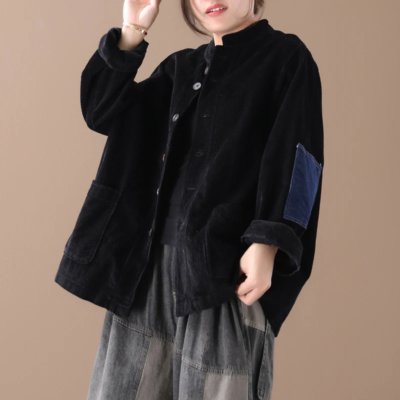 Female new autumn and spring Korean style plus size literary color matching patch single-breasted corduroy loose short jacket