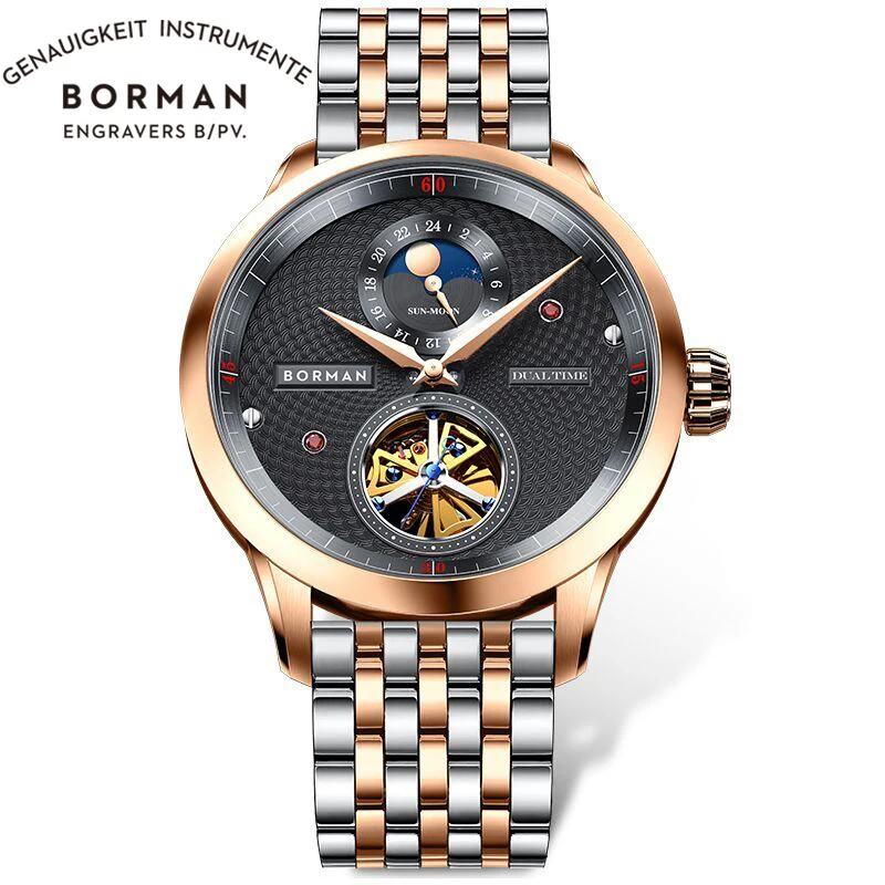 ساعات رجالية من BORMAN Moon Phase أتوماتيكية بحزام من الفولاذ المقاوم للصدأ 316 وزجاج ياقوت مقاوم للماء ساعة رجالية ميكانيكية 50 متر