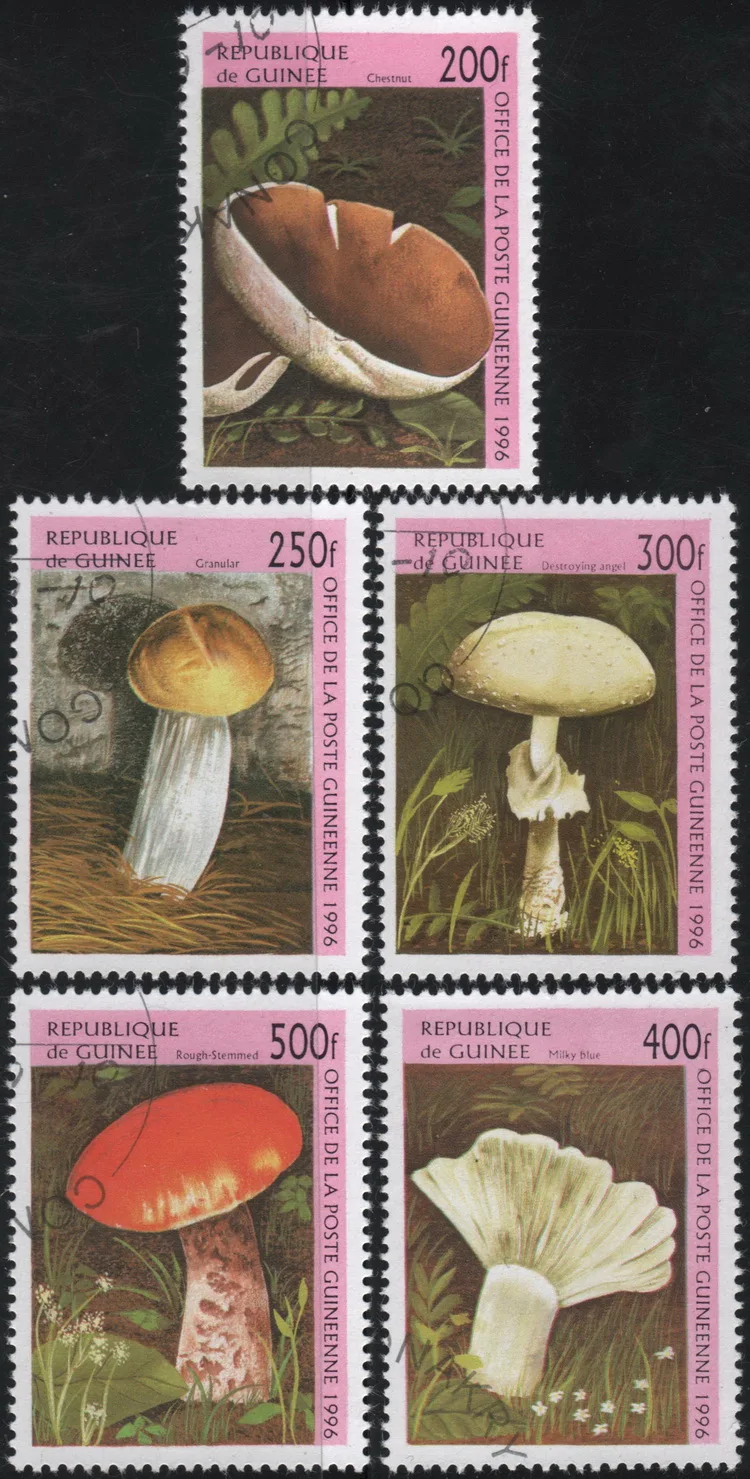 5Pcs/Set Guinea Post Stamps 1996 Mushroom  Marked Postage Stamps for Collecting