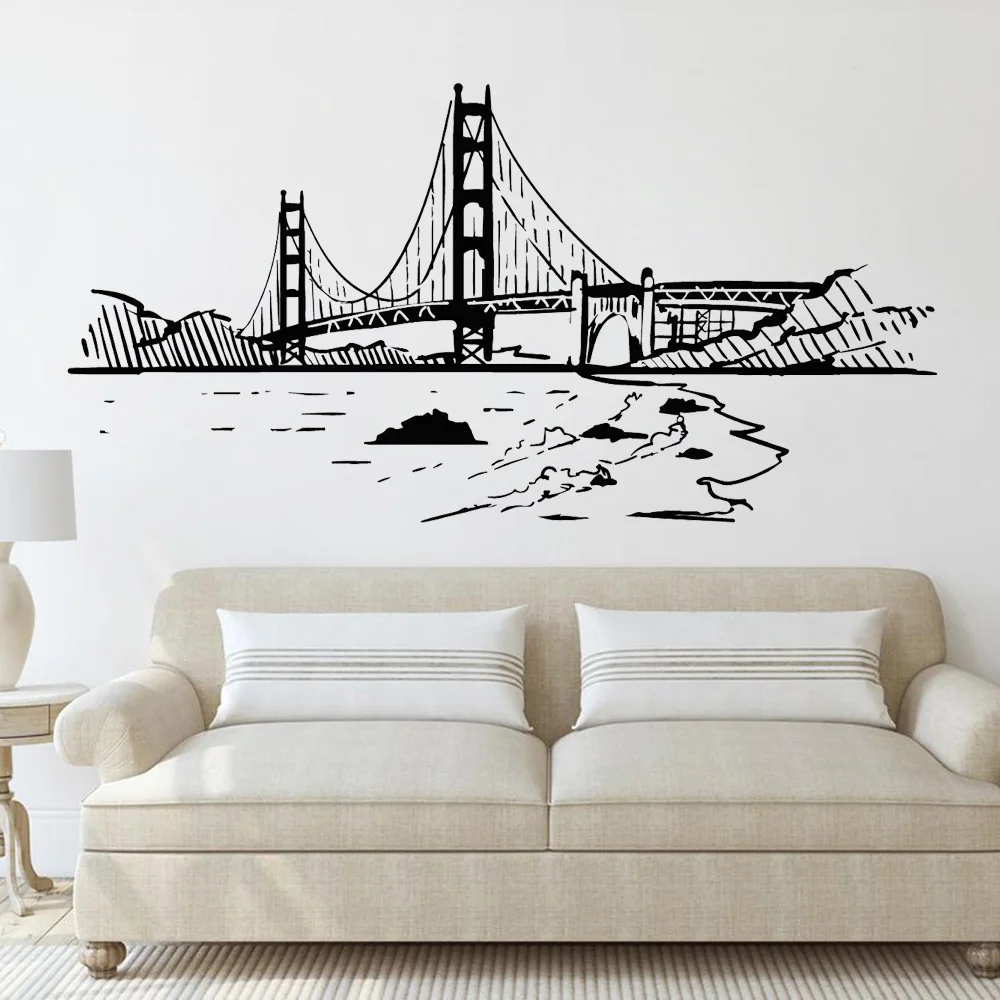 Building Vinyl Wall Decal Golden Gate Bridge Skyline San Francisco Stickers Mural City Landmark Stickers for Living Room P676