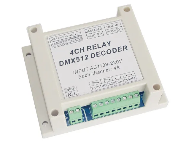 

dmx512 relay Controller,RGB/RGBW RELAY OUTPUT DMX512 relay decoder, 3/4 channel*4A ，AC110-220V input Plastic housing