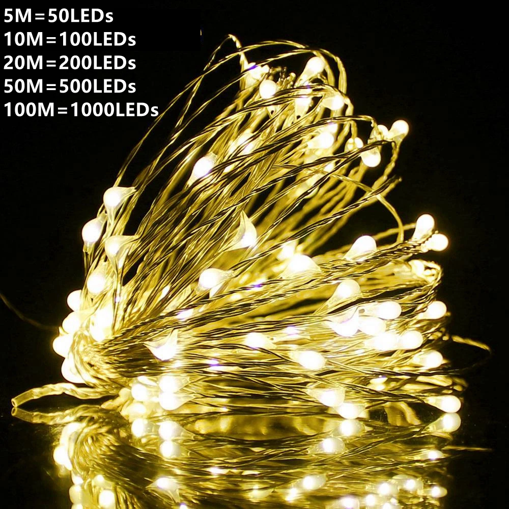 Guirnalda de alambre de cobre para Navidad, luces LED de hadas para árbol, boda, fiesta, decoración al aire libre, alimentada por DC12V, 10M, 20M,