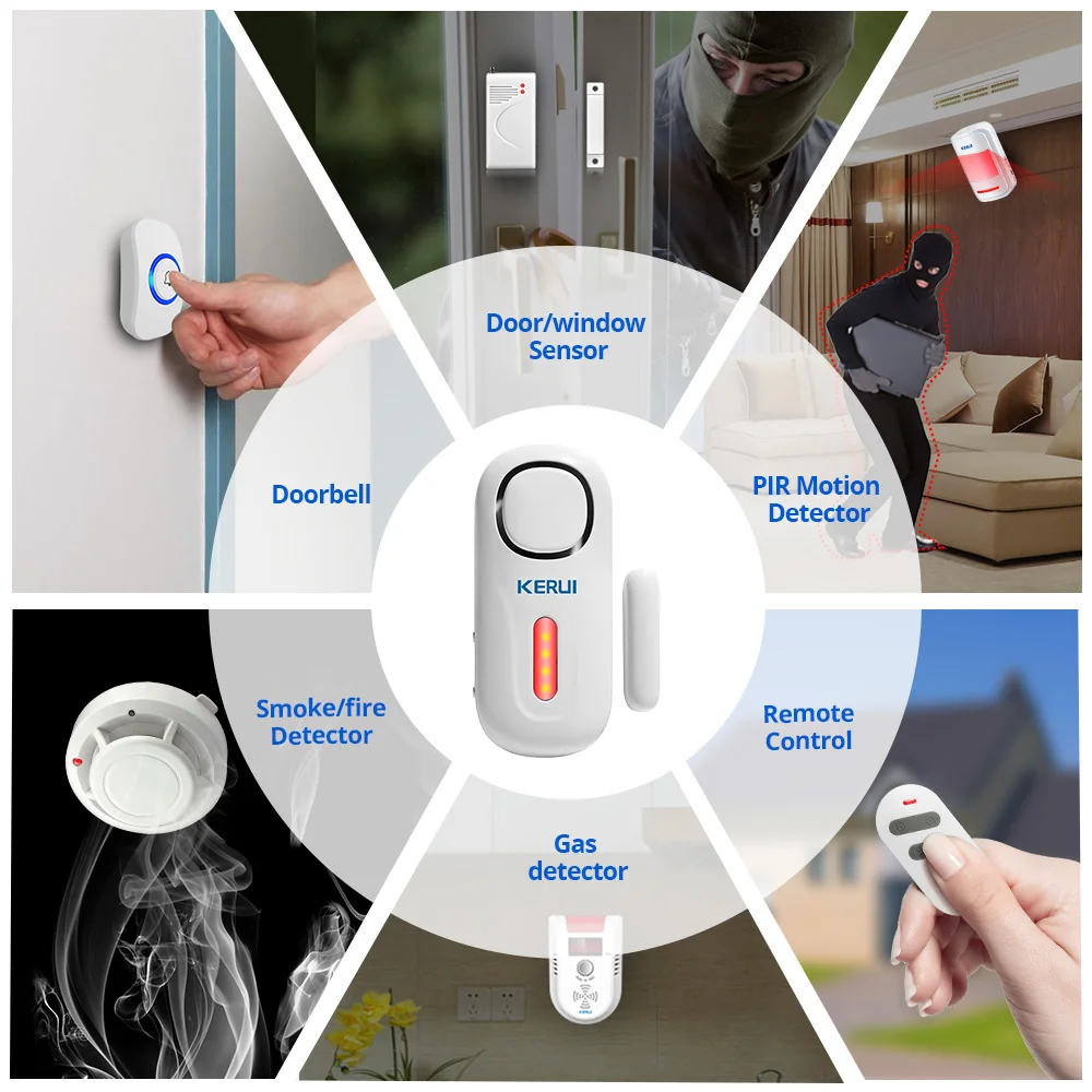 KERUI-Sensor antirrobo de seguridad para puerta y ventana, sistema de garaje inteligente con Control remoto, alarma magnética PIR, 120DB