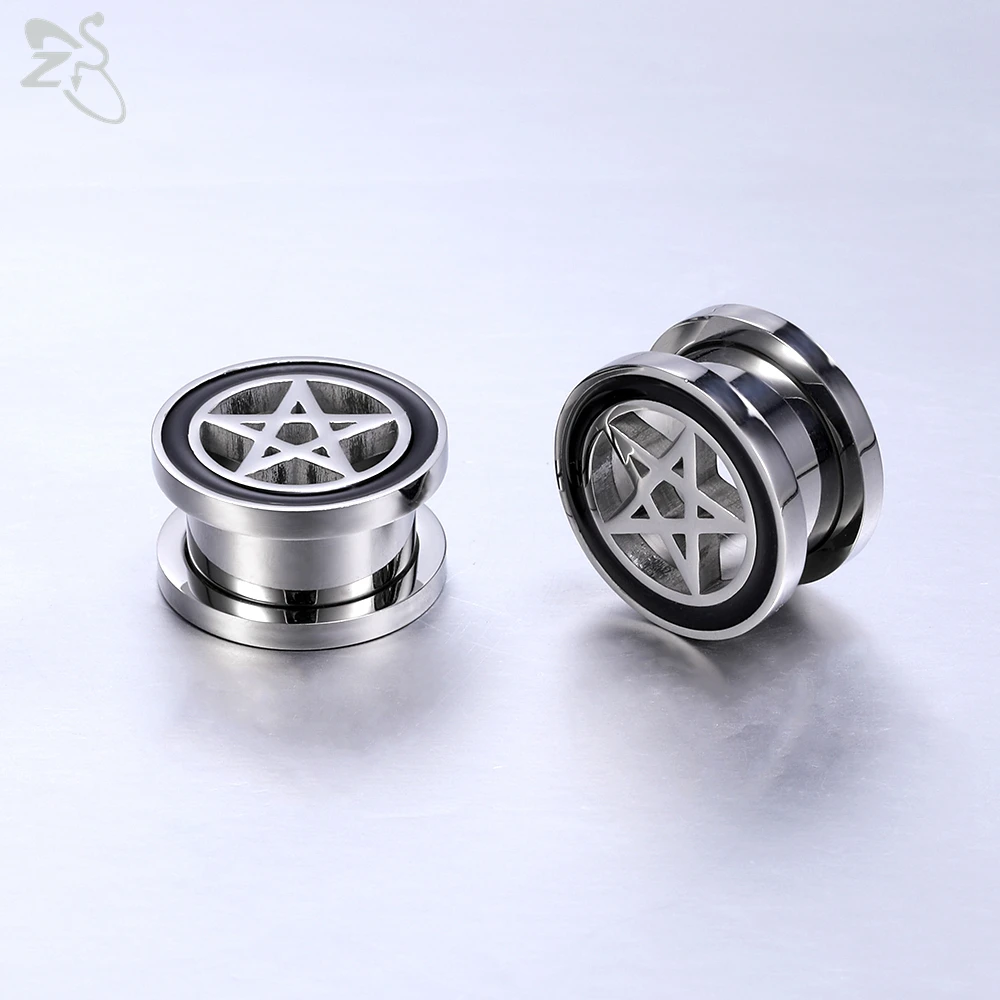 ZS 2pcs/lot Pentgram Star 316L Stainless Steel Ear Plug And Tunnel Men 3-22mm Round Gauges Expander Sterchers Piercing Jewelry