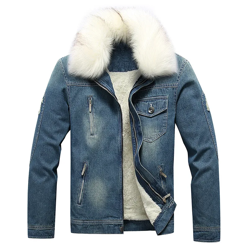 

Men's Winter Jean Jacket Man's Outerwear Warm Denim Coat Mens Plus Size Thicker Fleece Lining Fur Collar Jacket for Couple MY211