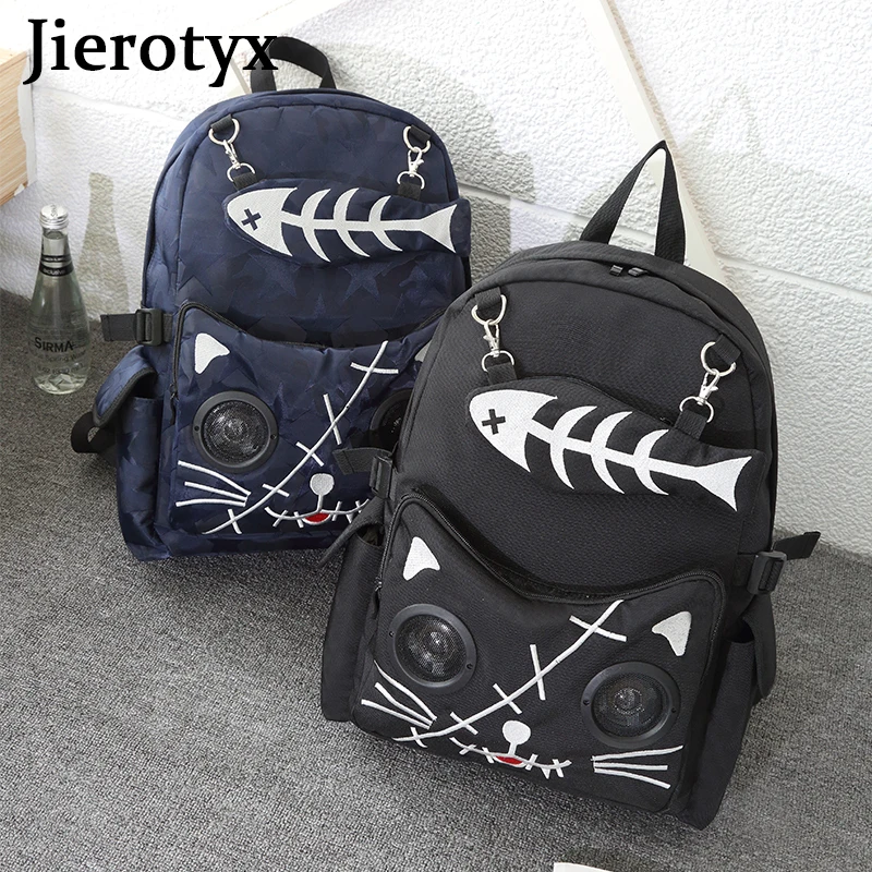 JIEROTYX Fish Bone Backpack For Women Gothic Bags Cat Print Backpack Students Canvas Bag Women Rusksack Speaker Bluetooth Bag