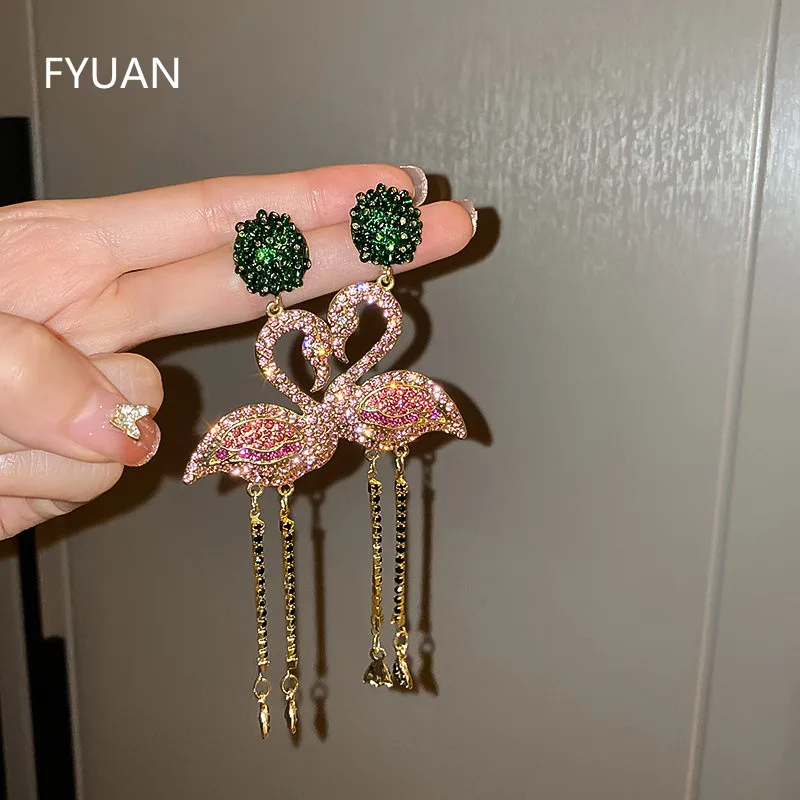 FYUAN Cute Pink Birds Crystal Earrings for Women Bijoux Long Tassel Rhinestone Dangle Earrings Statement Jewelry