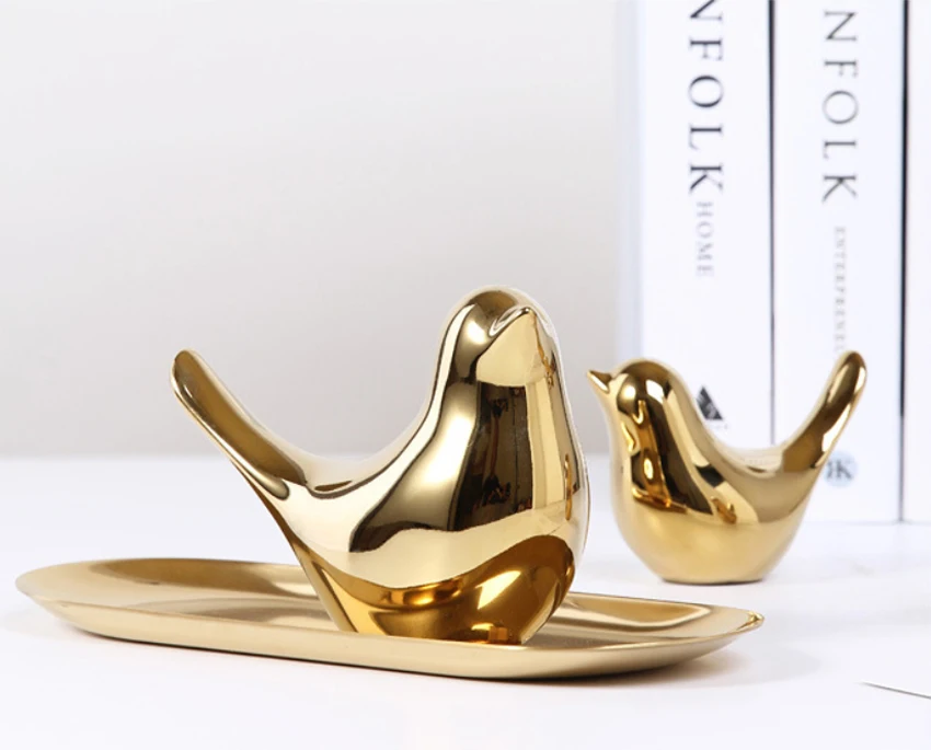 Golden Ceramic Bird Figurines - Set Of 2 Decorative Birds For Home & Garden Decor