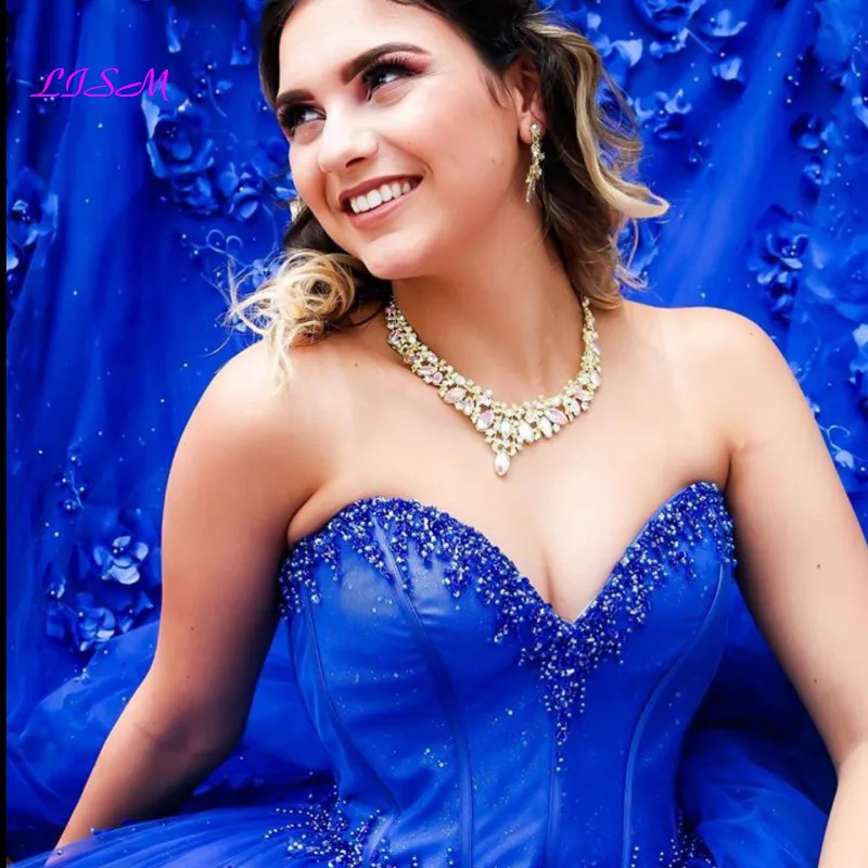 Royal Blau Quinceanera Kleid 2021 Schatz Pailletten Perlen Blumen Prinzessin Party Süße 16 Ballkleid Vestidos De 15 Años