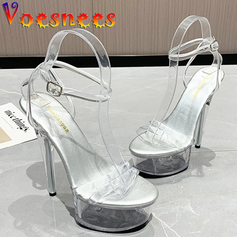 Pole Dancing Women Shoe Buckle Straps Transparent Platform Sandals Fashion Walk Show Stiletto Super High Heel Crystal Party Shoe