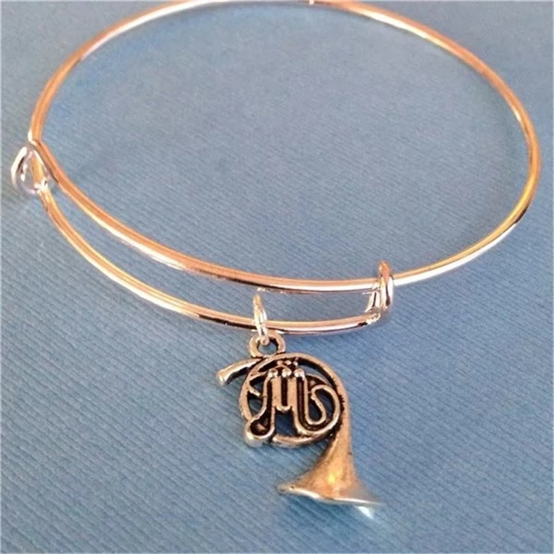 French Horn Bangle Bracelet, Musical Charm Bracelet, Adjustible Bangle, Musical Note Charm