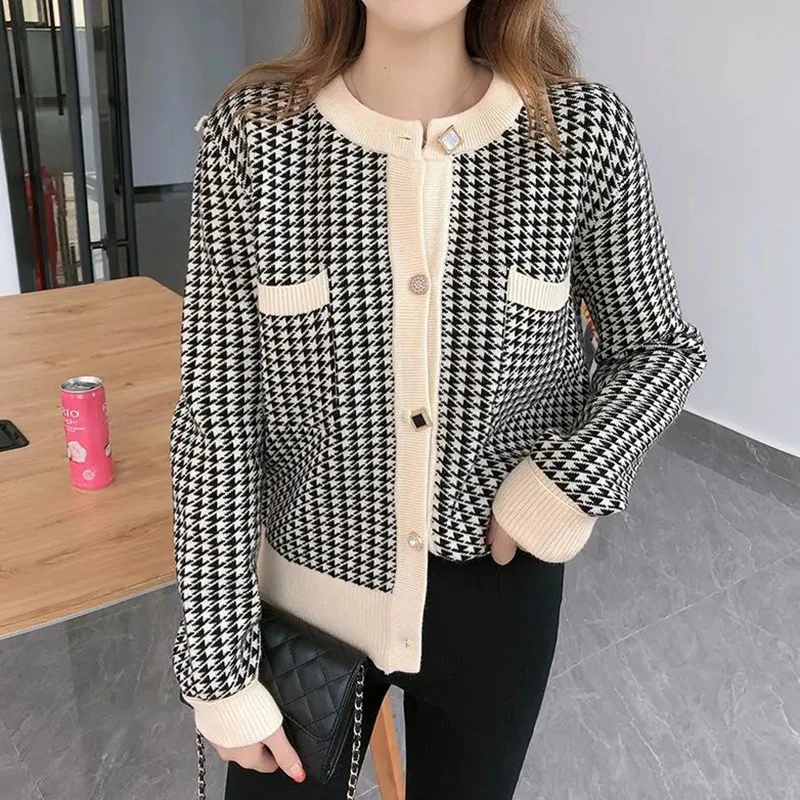 

Houndstooth Loose Cardigans Jacket New O-Neck Long Sleeve Sweater Coat Soft Student Knitwear Tops Autumn Winter Short Cardigans