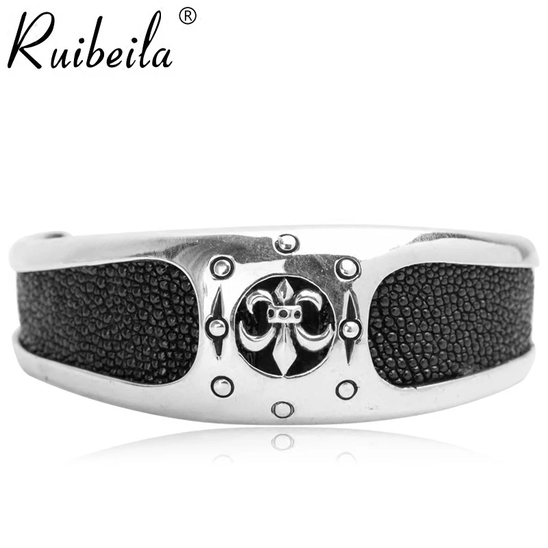 ruibeila925 Silver Pearl Fish Skin Classical Cross Men's Bracelet Personality Thick Opening Adjustable Bracelet