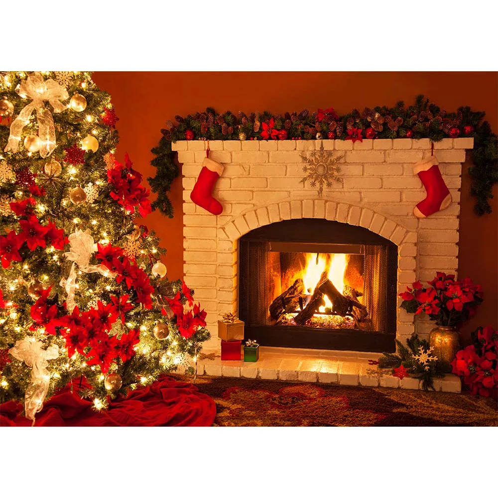 Fireplace Backdrop for Christmas Photography X-mas Tree Glitter Light Gifts Red Sock Photo Background Burning Fireplace Decor