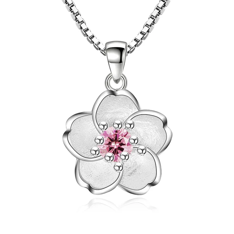 Elegant Rose Sakura Plum Blossom Charm Pendant Silver Color Metal Inlay CZ Crystal Flower Jewelry For Women Lady Necklace