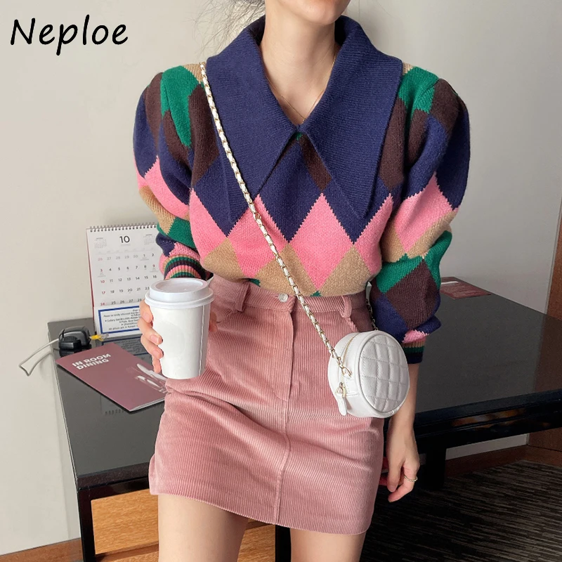 Neploe Chic postawiony kołnierz kontrastowe swetry damskie z długim rękawem luźny dzianinowy topy Mujer 2024 New Fashion Woman sweter