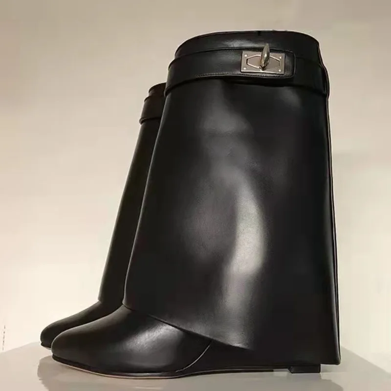 Woman Shark-Lock Ankle Boot Black Fold-Over Wedge Boots Winter Shark Lock Ankle Boot Big Size 10 Shoes