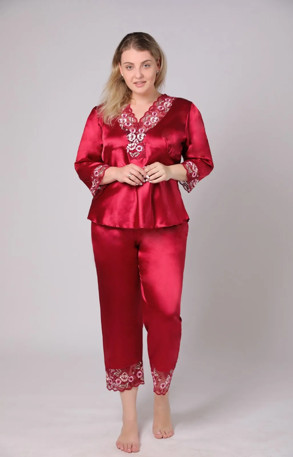 Pyjama en satin à manches longues pour femme, ensemble de 2 pièces, dentelle sexy, fleur, sommeil trempé, salon, vêtements de nuit, lingerie XL-6XL,