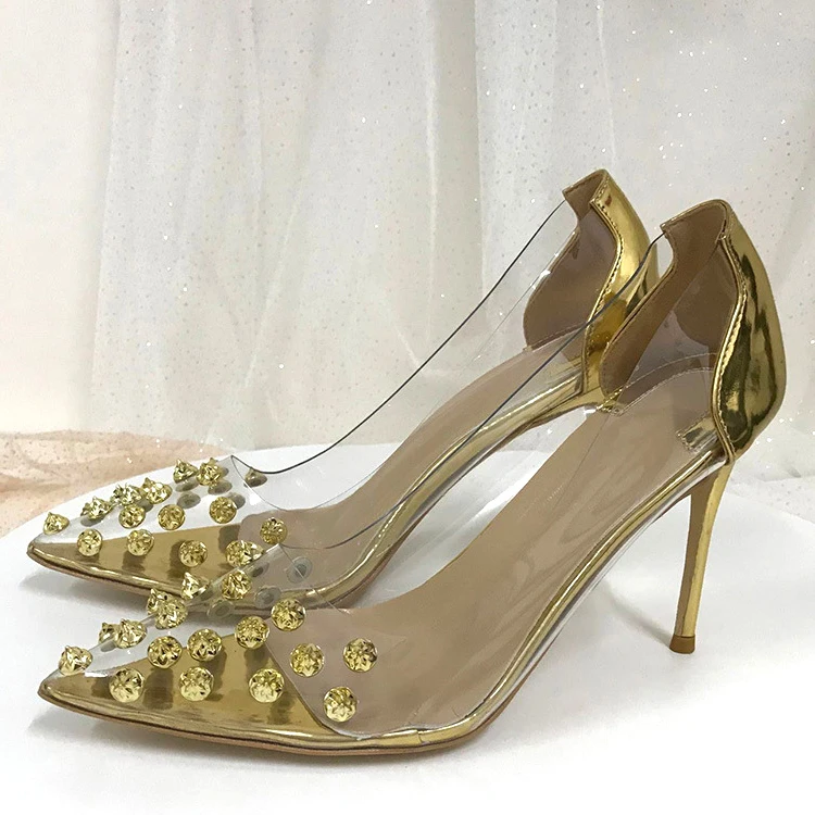 

Clear PVC Flower Rivets Studs Pumps Gold Patchwork Stiletto Heels Pointed Toe Shiny Banquet High Heels Outfit Dress Shoes