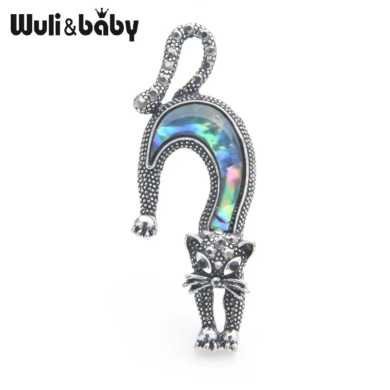 Wuli&baby Natural Shell Cat Brooches Women Lovely Running Cat Animal Brooch Pins Gifts
