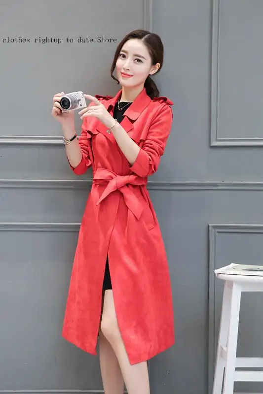 Khaki Red Pink Large Size Faux Suede Coat Autumn Spring Long Faux Leather Suede Trench Women  Fall Ladies Korean