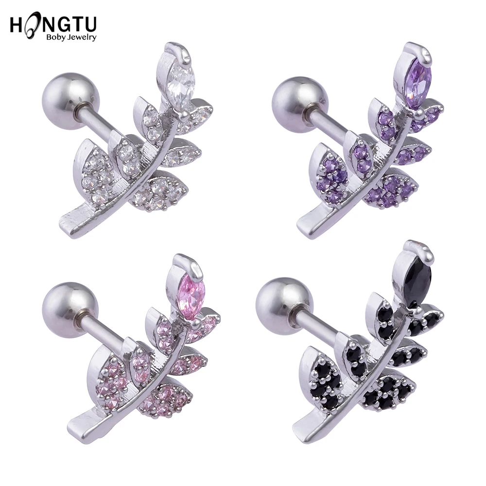 1PC Steel Ear Tragus Cartilage Piercing Crystal Leaf Conch Lobe Earrings Barbell Piercing Orelha Ear Stud Helix Sexy Jewelry 16G