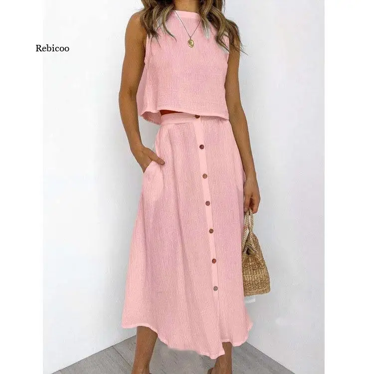 High Waist Skirt Women's Suit Sleeveless Top Two Piece Set Button Long A-line Skirts Summer New Casual Tops Sets