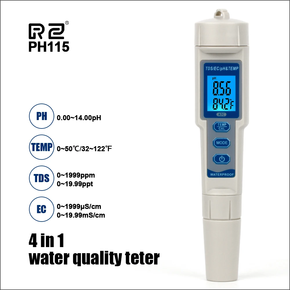 

RZ PH/EC/TDS Meter With Temperature Meter Professional 4 in1 Digital Water Quality Tester Aquarium Drinking Water PH Monitor