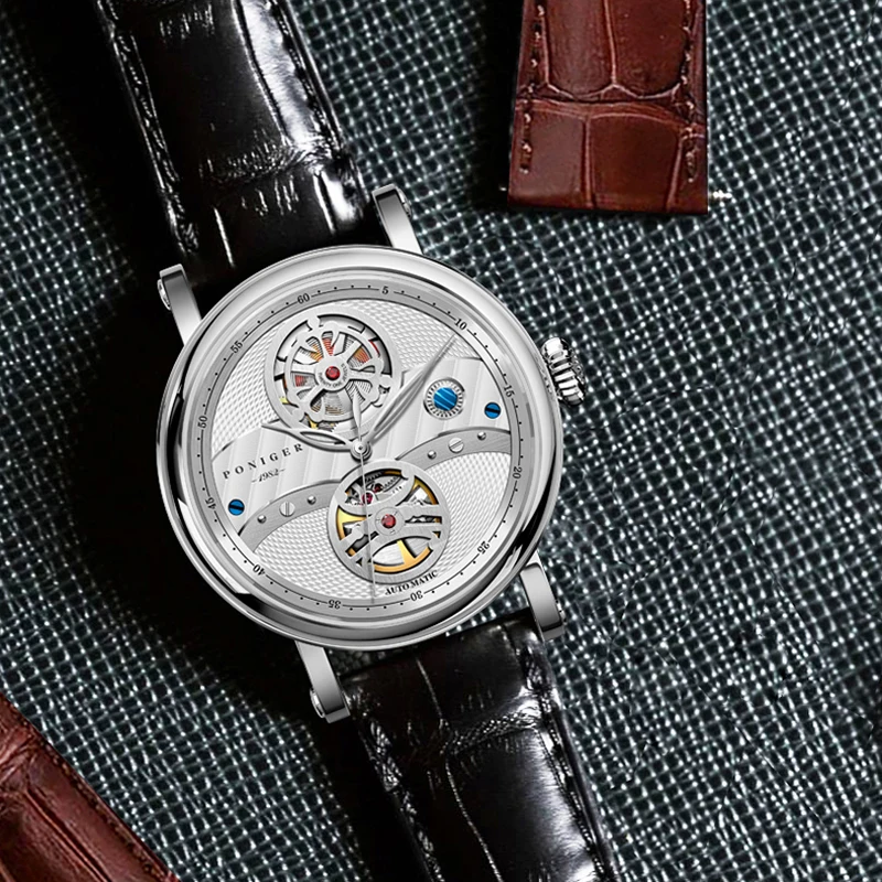 PONIGER Fashion Skeleton Automatic Mechanical Watch Genuine Leather Strap Men Wristwatch Sapphire Glass Waterproof Men Watch