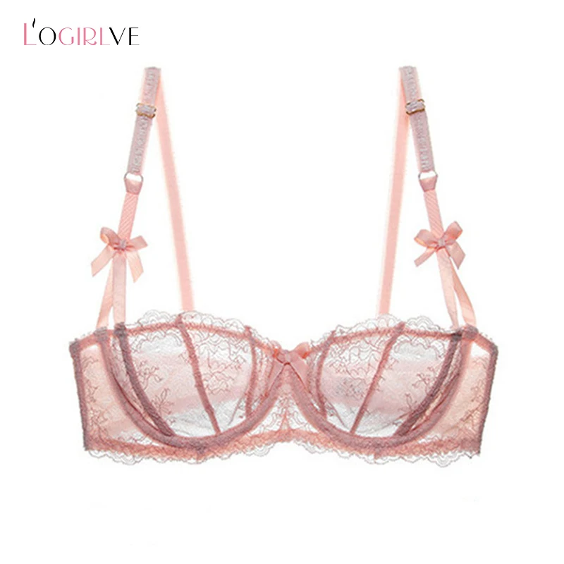 Logirlve Ultrathin Underwear Plus Size C D Cup Sexy Bras Embroidery Lingerie Lace Women Transparent Bra Half Cup Pink Brassiere