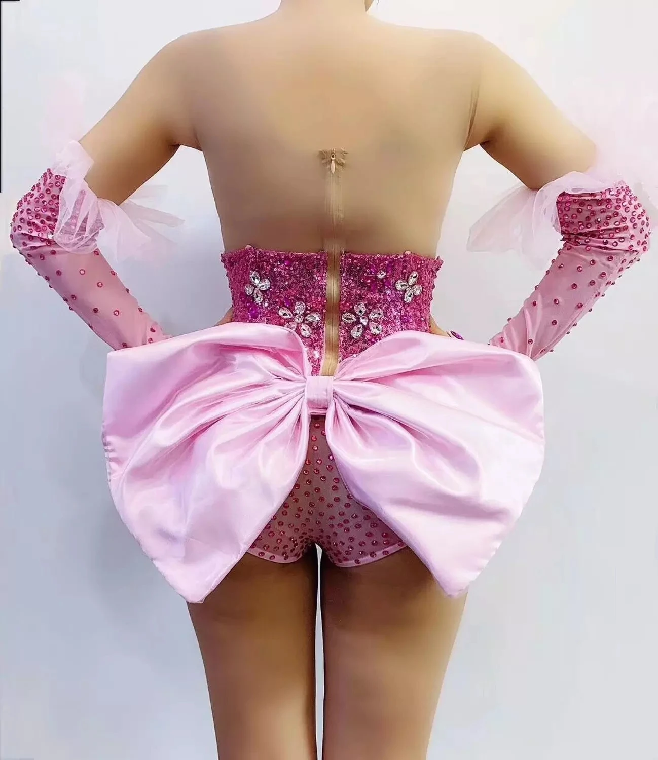 Sexy Roze Rhinestone Transparante Bodysuit Handschoenen Sequin Bow Riem Prom Nachtclub Bar Stage Dance Wear Dj Zanger Kostuum