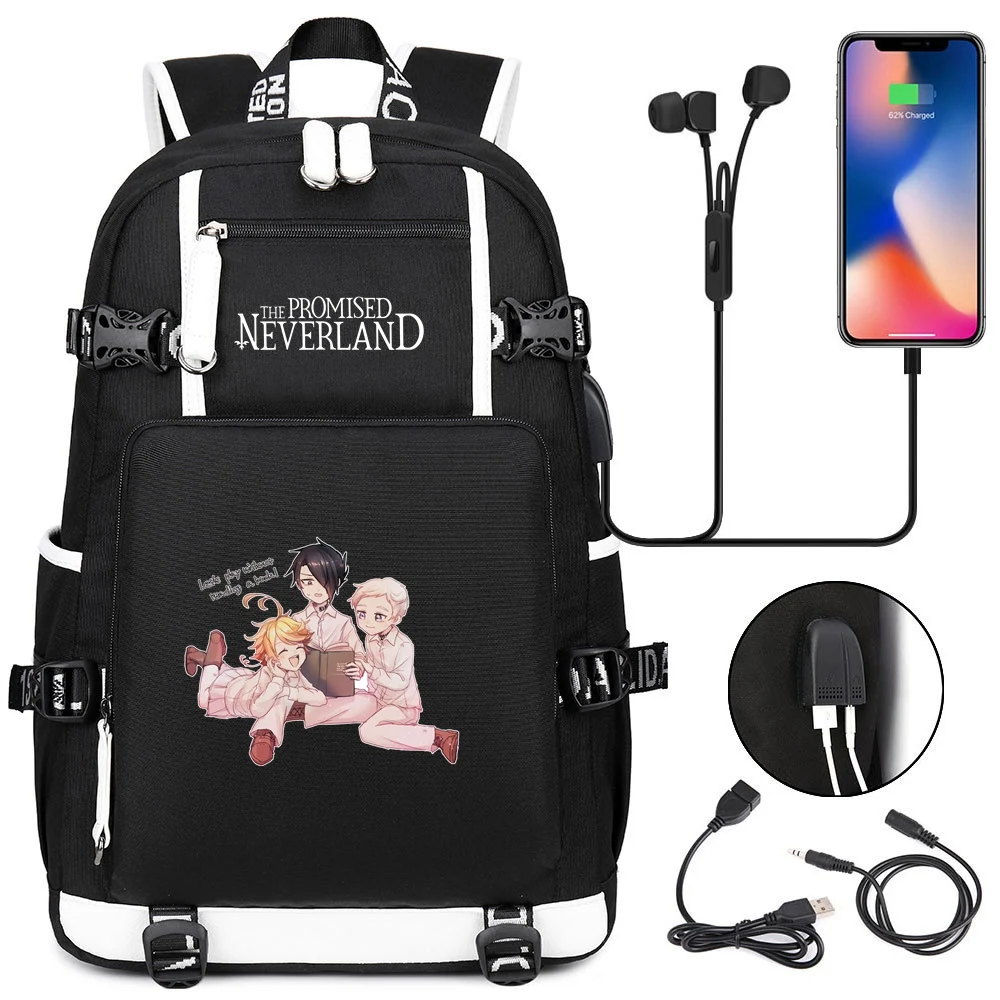 Anime The Promised Neverland USB Backpack Mochila Student School Book Bags Kids Teens Cartoon Unisex Laptop Shoulder Bags