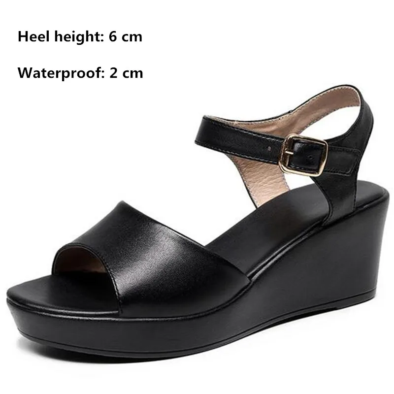 2024 New Black White Fish Mouth Genuine Leather Sandals Wedges Platform High Heeled Sandals 6 / 8 / 11 Cm Big Size Women Sandals