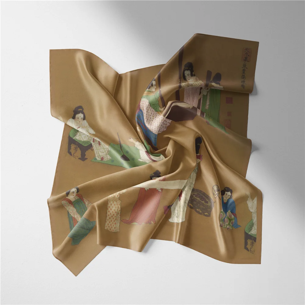 Twill Silk Scarf Woman Practicing  Painting Square Scarves Wraps Bandana Small Hijab Silk Foulards Tie Headband Neckerchief 53CM