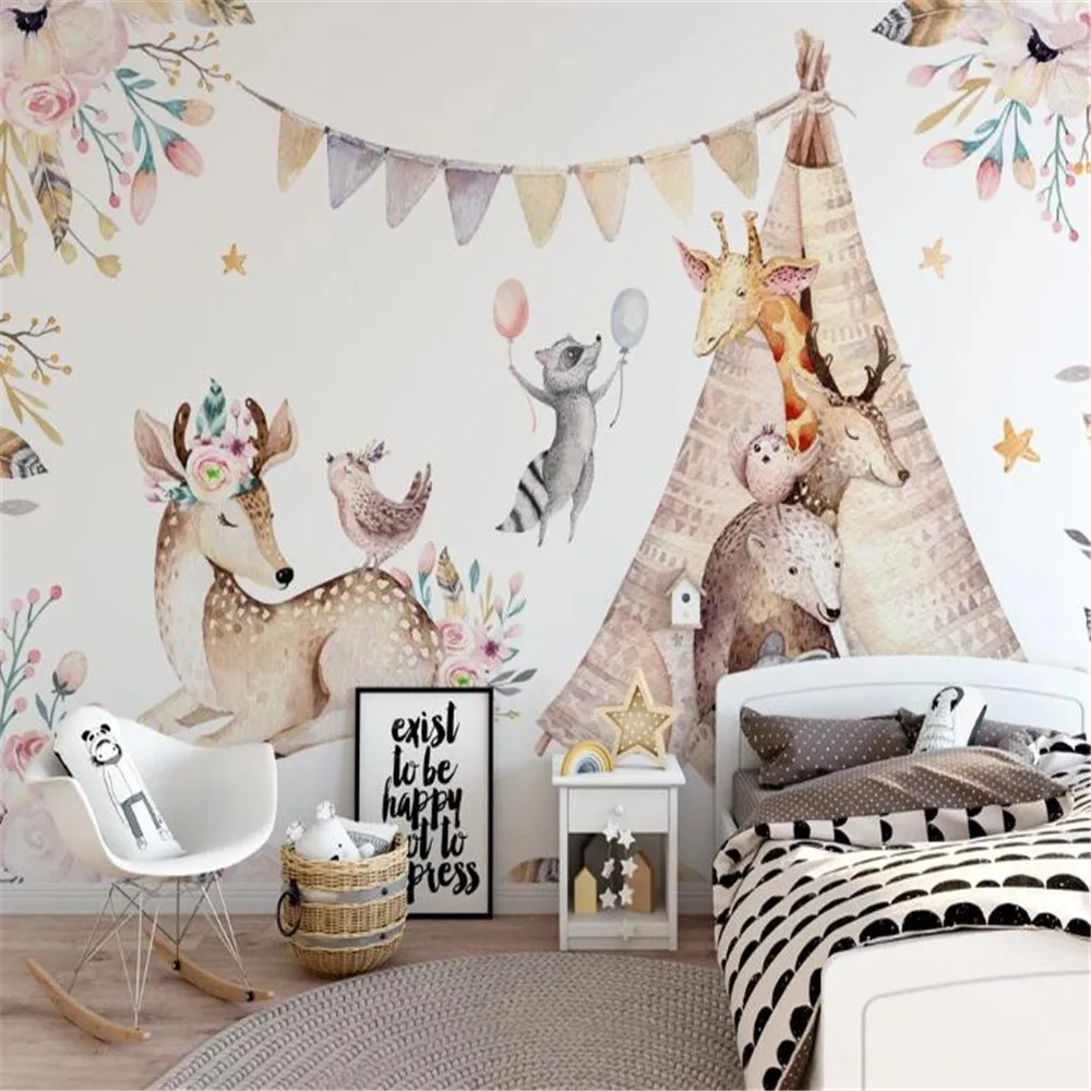 Milofi professional 3D large wallpaper mural Nordic modern minimalist hand-painted cute animal children\'s room background wall