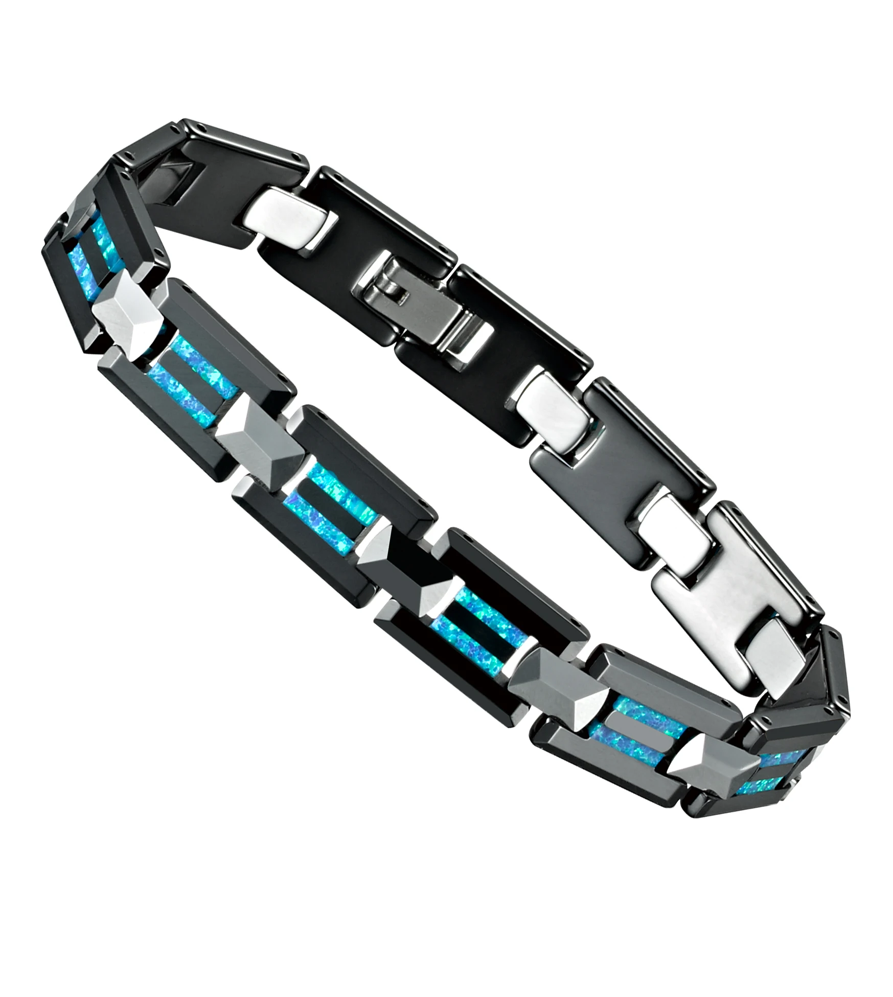 Luxury Bracelets for men male waterproof tarnish free fine Western Designer black ceramic blue opal tungsten carbide jewelry