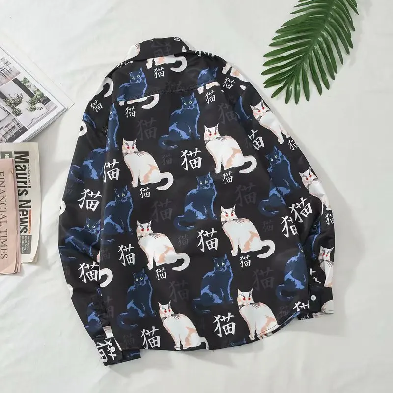 2021 Summer Men\'s Shirts Korean Fashion Harajuku Streetwear Long Sleeve Shirts Men Casual Men Clothed Printed Cat Tops Shirt Men