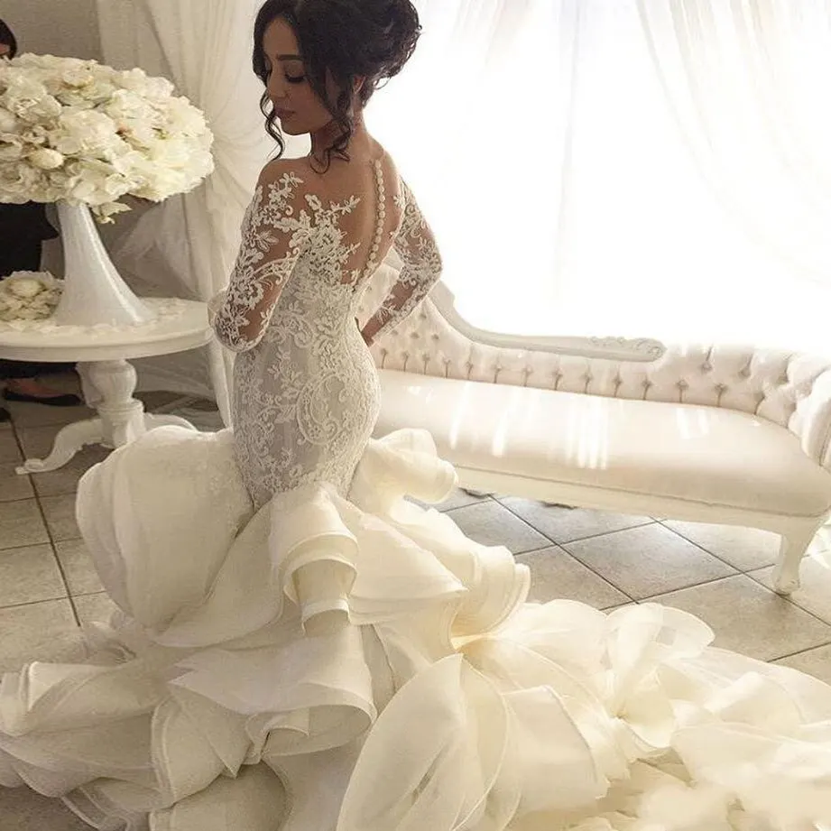 2021 vestidos de casamento com decote em v manga longa rendas apliques vestidos de noiva botão feito sob encomenda volta trem varredura sereia vestido de casamento