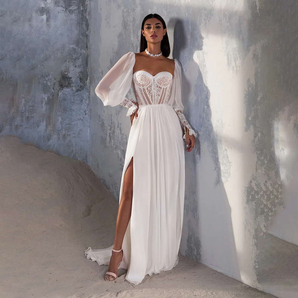 Ueteey boho a linha vestido de casamento sem alças rendas topo manga longa fenda lateral trem varredura plus size zíper voltar vestidos de casamento 2022