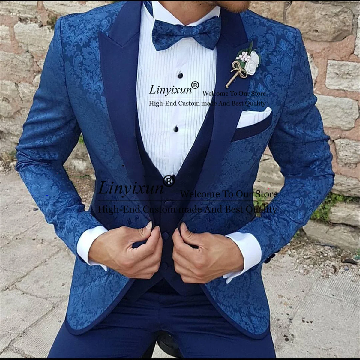 Royal Blue Jacquard Men Suit Slim Fit 3 Pieces Groom Wedding Tuxdeo Fashion Groomsman Blazer Jacket Pants Vest Set Costume Homme