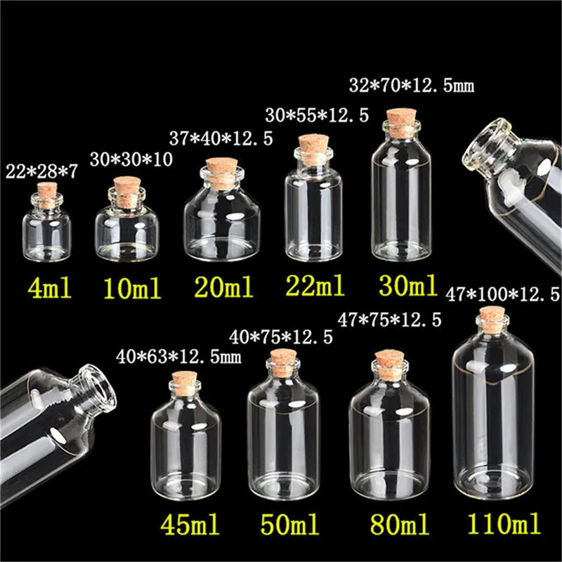 24PC Mini Transparent Glass Cork Bottles Crafts Vials Clear Glass Empty Wishing Bottles 4ml 10ml 100ml Jars Containers Diy Vials