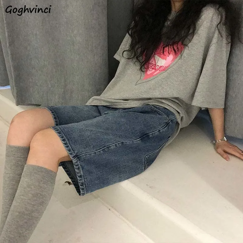 Celana Pendek Denim Antik Musim Panas Wanita Pinggang Tinggi Selutut Lebar Kaki Longgar Pelajar Harajuku Ins Streetwear Slim Semua Pertandingan Santai