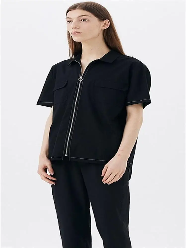 New round button zipper casual short sleeve shirt fashion men's trend casual trend youth large size shirt