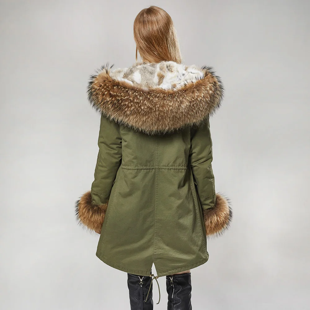 MMK-Parka longue à capuche en fourrure de lapin pour femme, manteau chaud, grande veste, doublure, fourrure de raton laveur, mode, hiver, vert armée, saison, ja