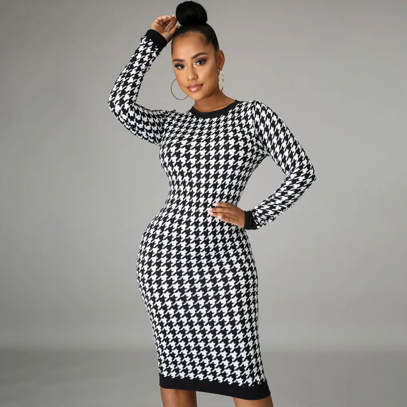 Houndstooth Print Women Long Sleeve Midi Dress Hollow Out Bodycon Sexy Streetwear 2024 Autumn Winter Club Elegant Slim